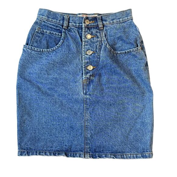 Vintage 90s Jordache High Waist Blue Denim Button Front Jean Skirt 7/8 - Picture 2 of 10